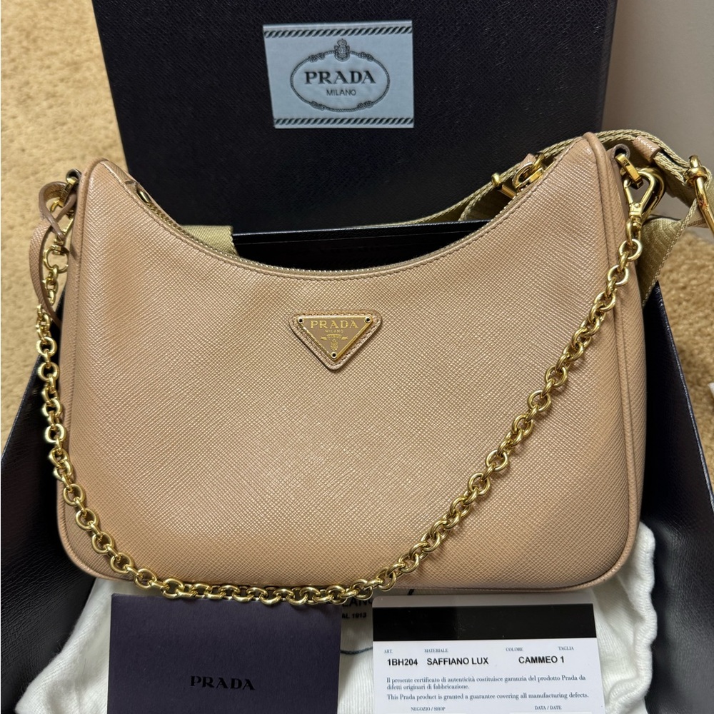 Prada Re- Edition Beige Shoulder Bag with Gold Chain